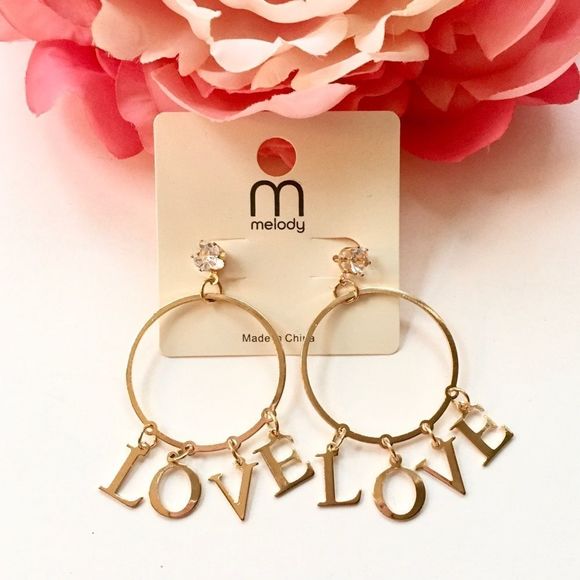 Gold Tone Hoops L.O.V.E. Dangle Charms CZ Gem NWT - Picture 1 of 1
